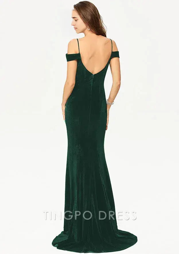 TingPo Wholesale Elegant Sheath/Column V Neck Sleeveless Velvet Long/Floor-Length Prom Dress